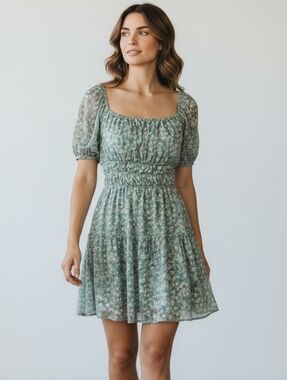 Altar’d State Women's Floral Dress L Sage Green Puff Sleeve Smocked Cottagecore